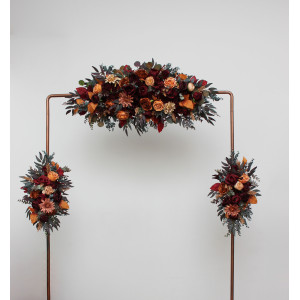  Flower arch arrangement in burgundy orange rust brown colors.  5330