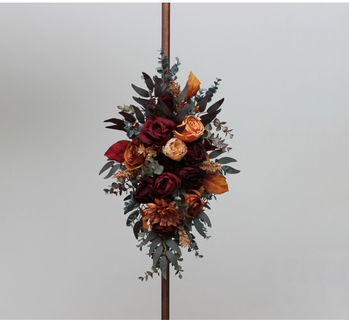  Flower arch arrangement in burgundy orange rust brown colors.  Arbor flowers. Floral archway. Faux flowers for wedding arch. 5330