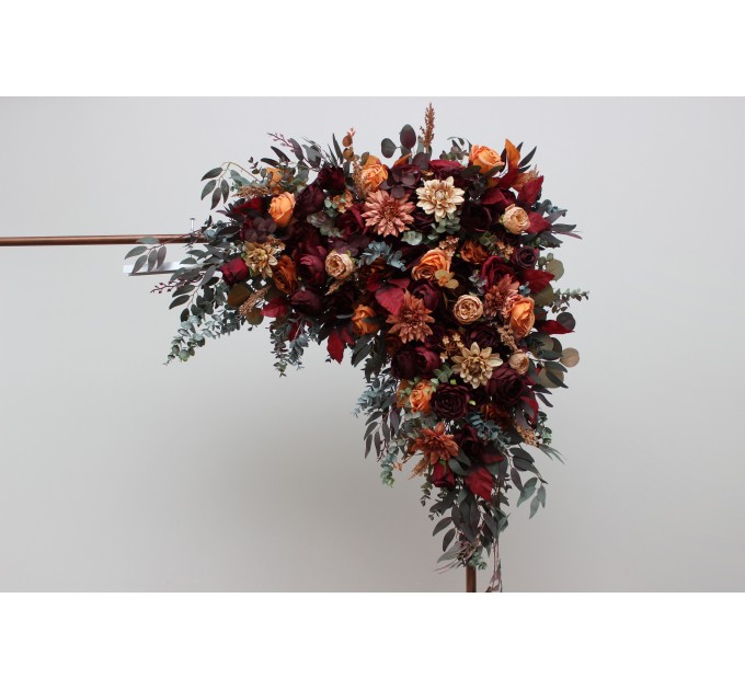  Flower arch arrangement in burgundy orange rust brown colors.  Arbor flowers. Floral archway. Faux flowers for wedding arch. 5330