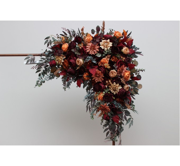  Flower arch arrangement in burgundy orange rust brown colors.  Arbor flowers. Floral archway. Faux flowers for wedding arch. 5330