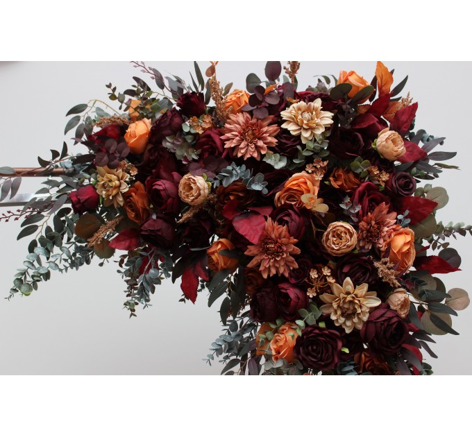  Flower arch arrangement in burgundy orange rust brown colors.  Arbor flowers. Floral archway. Faux flowers for wedding arch. 5330