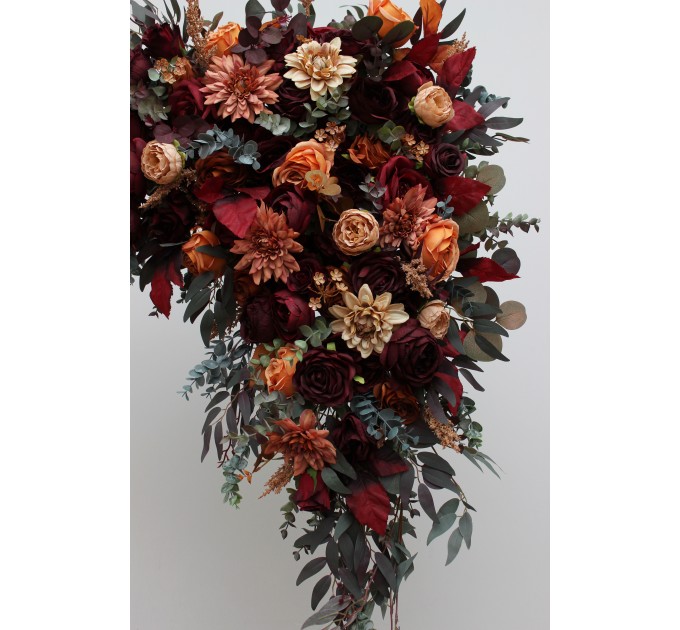  Flower arch arrangement in burgundy orange rust brown colors.  Arbor flowers. Floral archway. Faux flowers for wedding arch. 5330