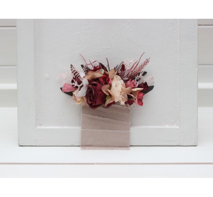 Pocket boutonniere in burgundy dusty rose blush pink color scheme. Flower accessories. Pocket flowers. Square flowers. 5256