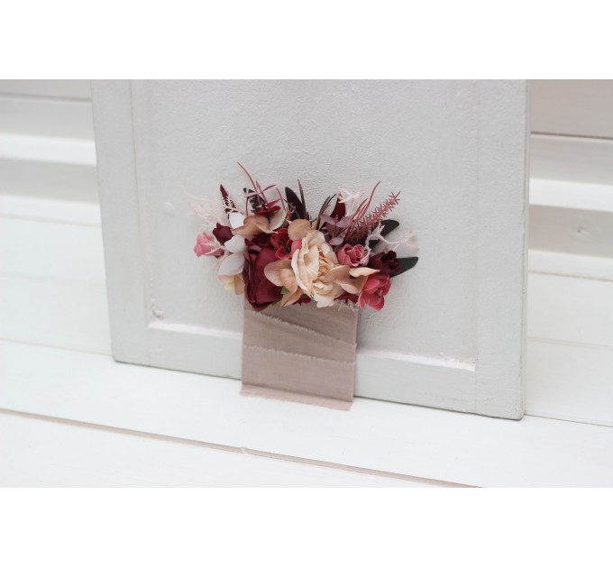 Pocket boutonniere in burgundy dusty rose blush pink color scheme. Flower accessories. Pocket flowers. Square flowers. 5256