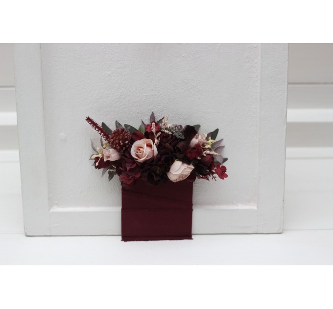 Pocket boutonniere in purple burgundy beige color scheme. Flower accessories. Pocket flowers. Square flowers. 5016