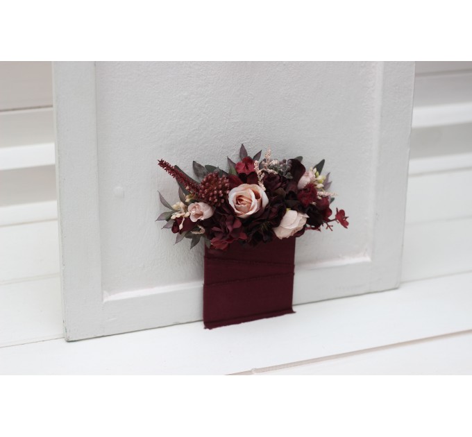 Pocket boutonniere in purple burgundy beige color scheme. Flower accessories. Pocket flowers. Square flowers. 5016