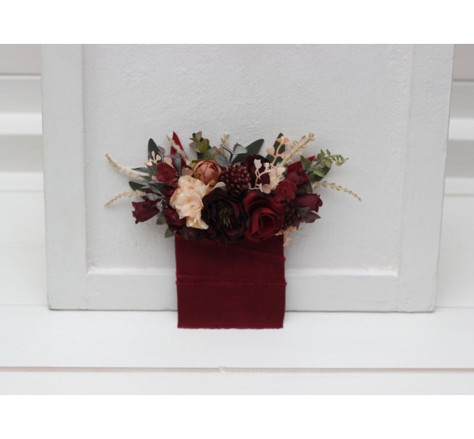 Pocket boutonniere in red burgundy dusty rose peach color scheme. Flower accessories. Pocket flowers. Square flowers. 0501