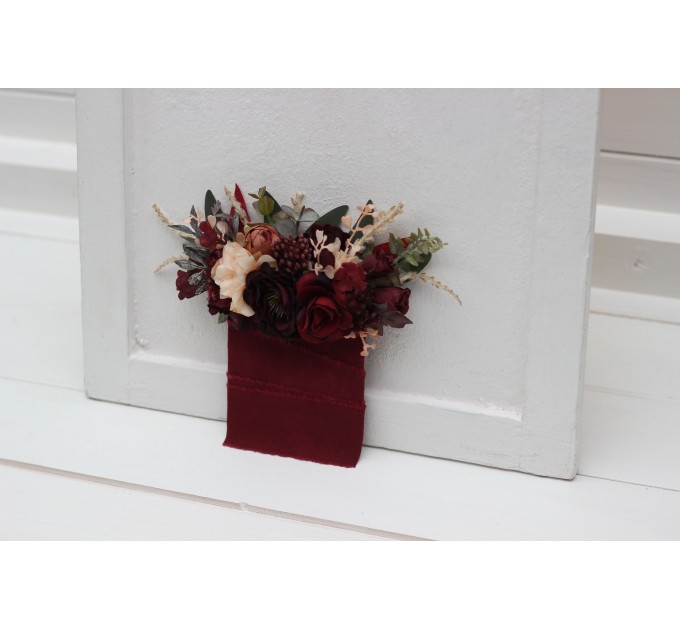 Pocket boutonniere in red burgundy dusty rose peach color scheme. Flower accessories. Pocket flowers. Square flowers. 0501