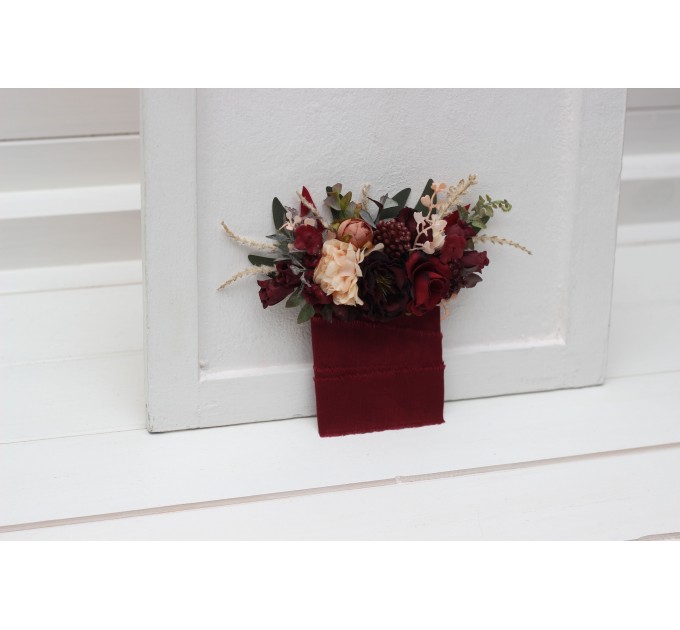 Pocket boutonniere in red burgundy dusty rose peach color scheme. Flower accessories. Pocket flowers. Square flowers. 0501