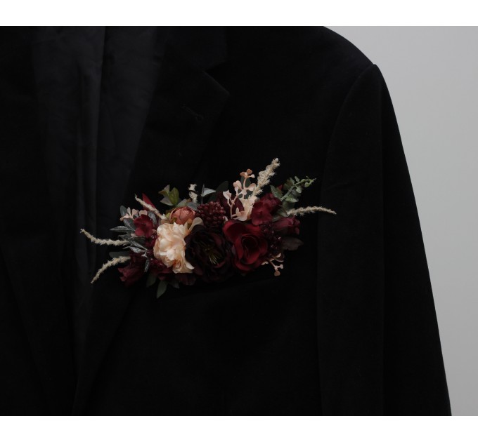 Pocket boutonniere in red burgundy dusty rose peach color scheme. Flower accessories. Pocket flowers. Square flowers. 0501