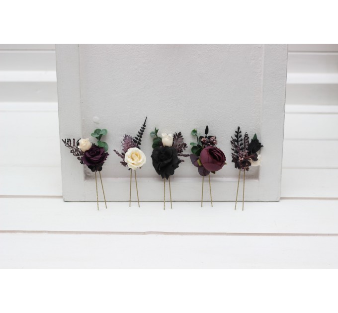  Set of  5 hair pins in  purple black ivory green  color scheme. Hair accessories. Flower accessories for wedding.  5289