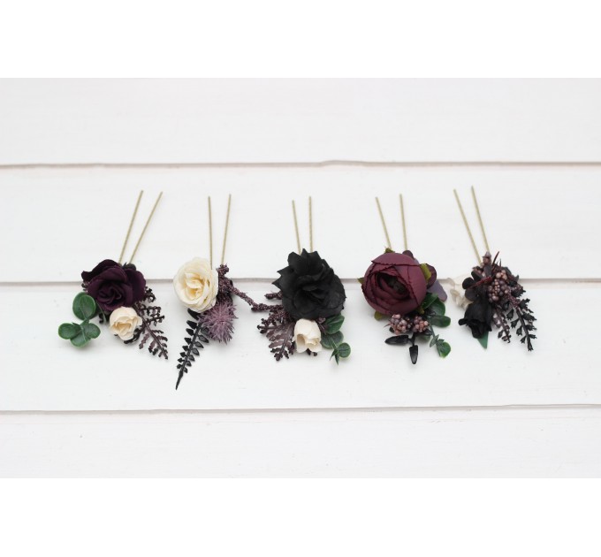  Set of  5 hair pins in  purple black ivory green  color scheme. Hair accessories. Flower accessories for wedding.  5289