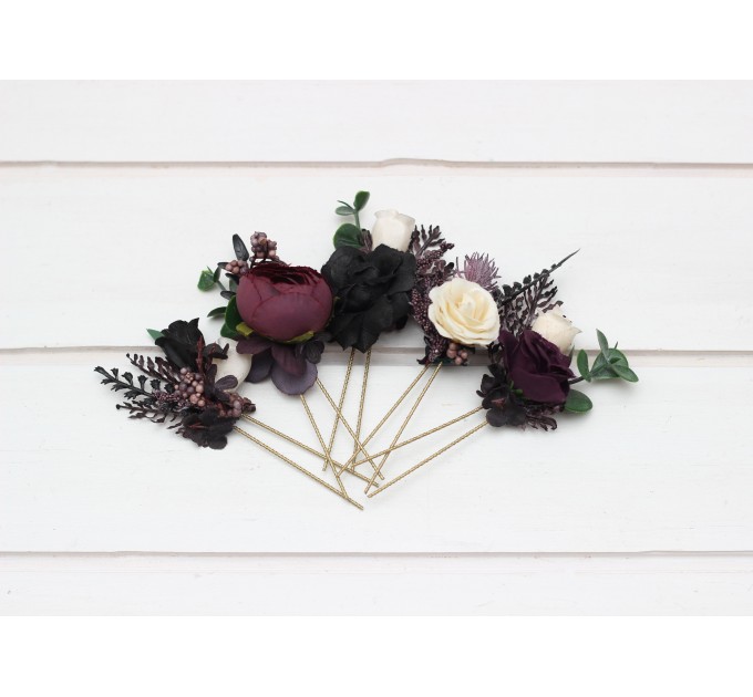  Set of  5 hair pins in  purple black ivory green  color scheme. Hair accessories. Flower accessories for wedding.  5289