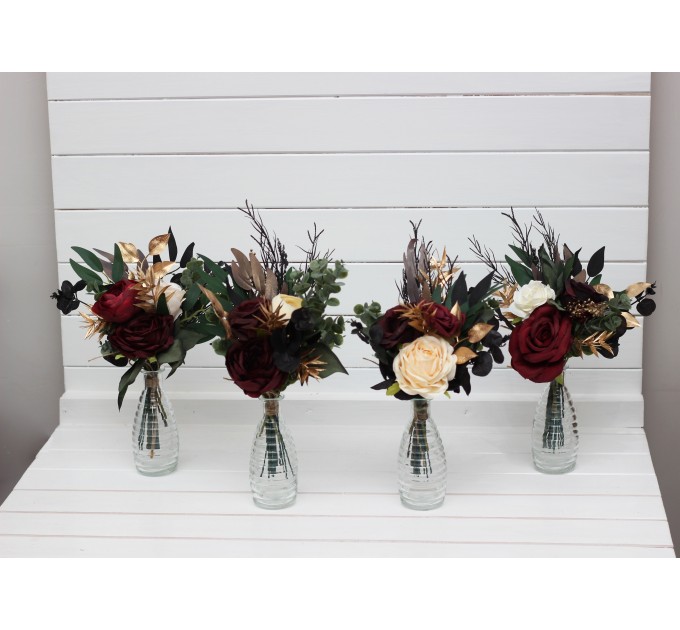 Mini bouquets for vases in burgundy black gold ivory color scheme. Flowers for wedding decor. Table flowers. Centerpiece. 0032