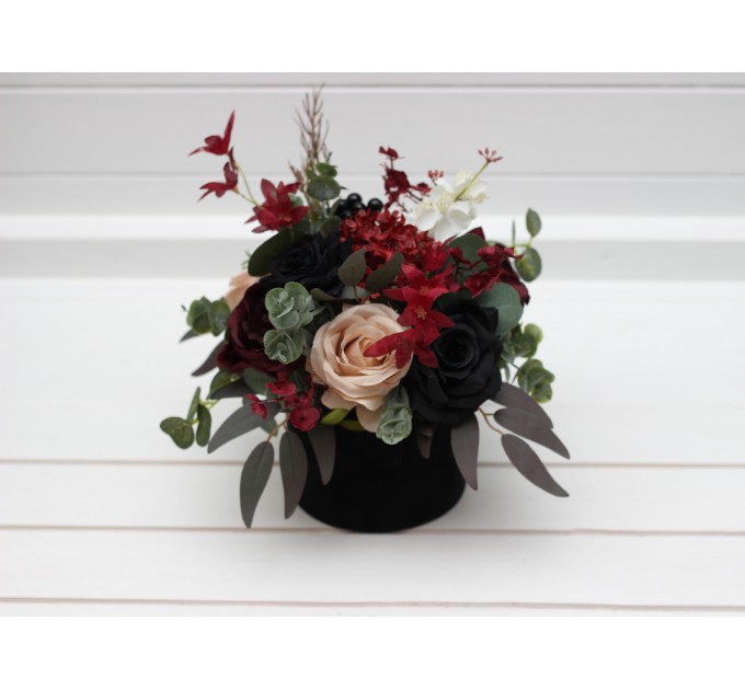 Burgundy black green beige ivory centerpiece. Table decor. Wedding flowers in box. 5279