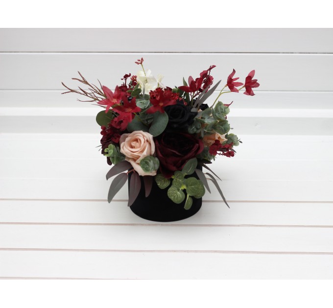 Burgundy black green beige ivory centerpiece. Table decor. Wedding flowers in box. 5279