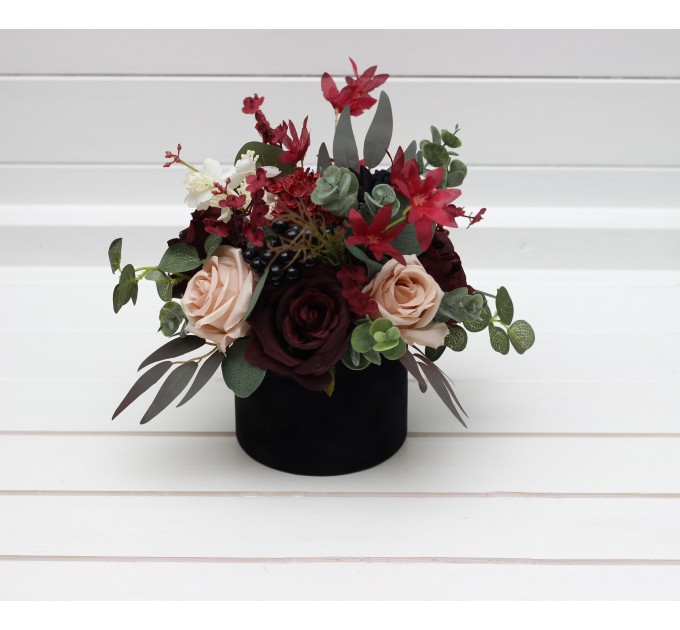 Burgundy black green beige ivory centerpiece. Table decor. Wedding flowers in box. 5279