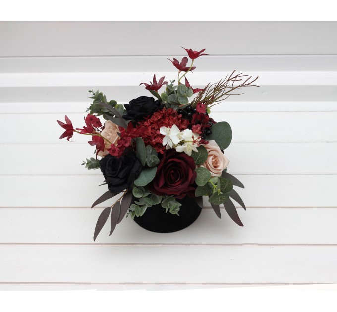 Burgundy black green beige ivory centerpiece. Table decor. Wedding flowers in box. 5279