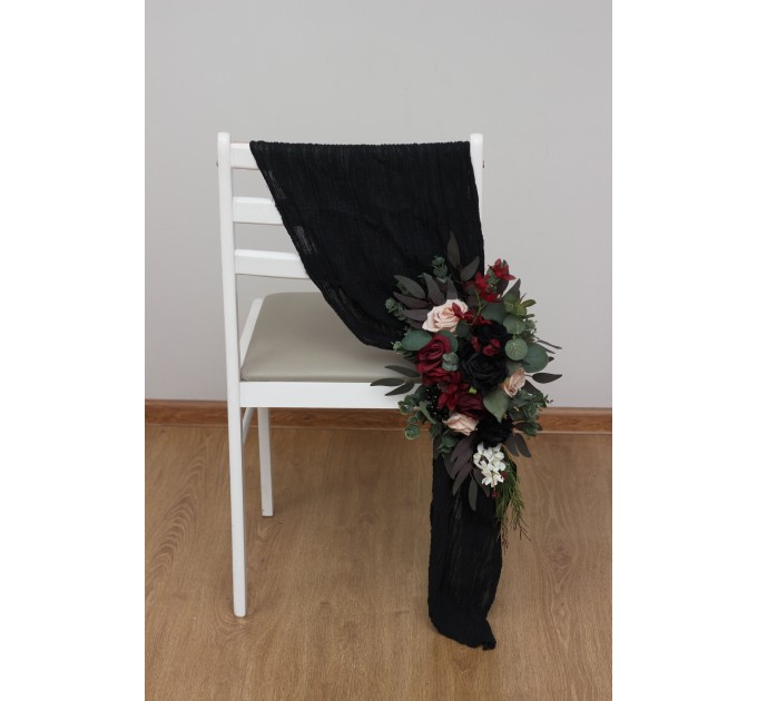 Aisle flowers in burgundy black green beige ivory scheme. Chair flowers. Sign flowers. Marker flowers. Wedding flowers. Flowers for wedding decor. 5279