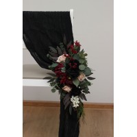 Aisle flowers in burgundy black green beige ivory scheme. Chair flowers. Sign flowers. Marker flowers. Wedding flowers. Flowers for wedding decor. 5279