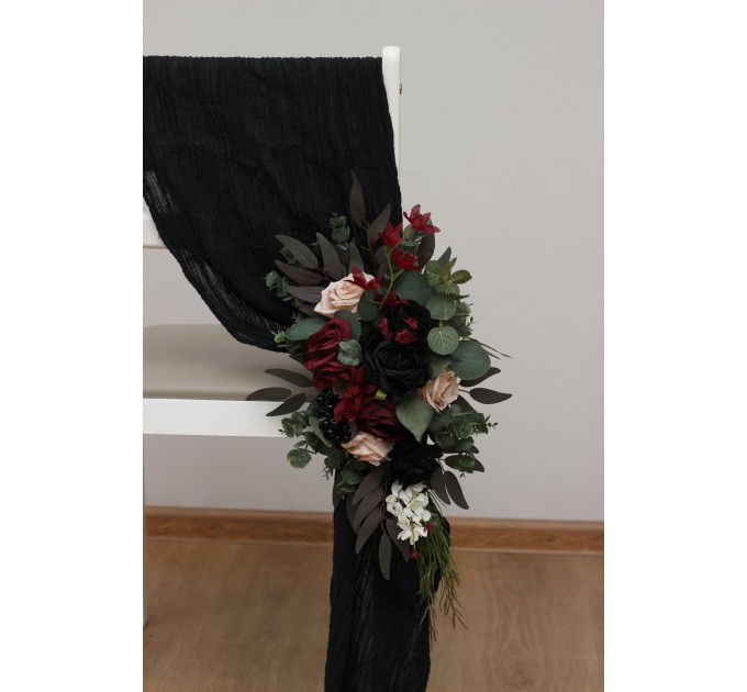 Aisle flowers in burgundy black green beige ivory scheme. Chair flowers. Sign flowers. Marker flowers. Wedding flowers. Flowers for wedding decor. 5279