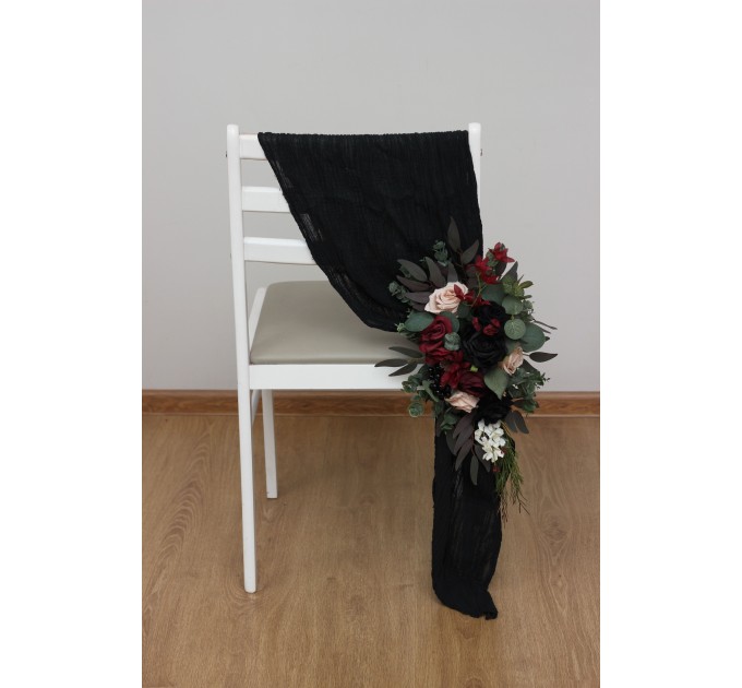 Aisle flowers in burgundy black green beige ivory scheme. Chair flowers. Sign flowers. Marker flowers. Wedding flowers. Flowers for wedding decor. 5279