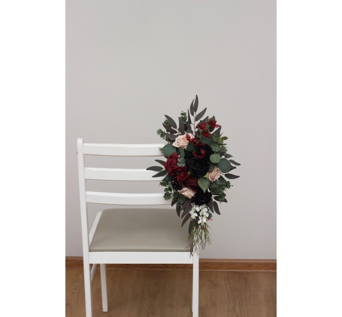 Aisle flowers in burgundy black green beige ivory scheme. Chair flowers. Sign flowers. Marker flowers. Wedding flowers. Flowers for wedding decor. 5279