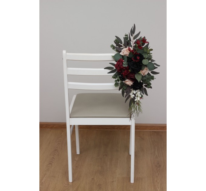 Aisle flowers in burgundy black green beige ivory scheme. Chair flowers. Sign flowers. Marker flowers. Wedding flowers. Flowers for wedding decor. 5279