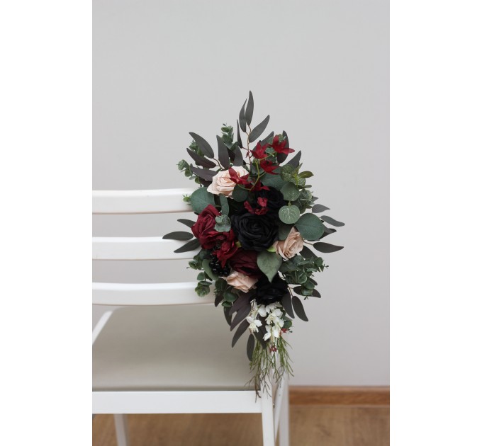 Aisle flowers in burgundy black green beige ivory scheme. Chair flowers. Sign flowers. Marker flowers. Wedding flowers. Flowers for wedding decor. 5279