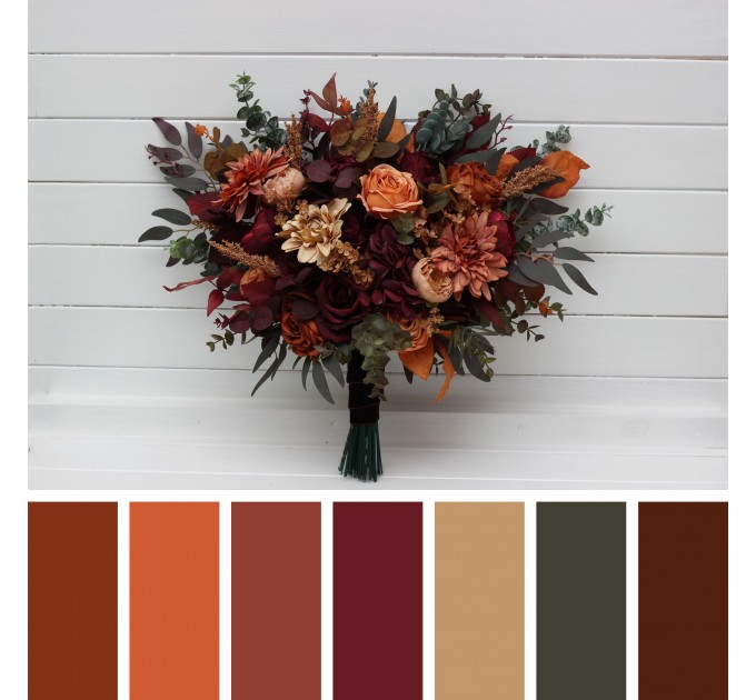 Bouquets in burgundy orange rust brown color theme. Bridal bouquet. Faux bouquet. Bridesmaid bouquet. 5330