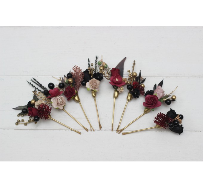 Set of 8 hair pins in Halloween color scheme. Hair accessories. Burgundy black gold beige flower accessories for wedding. 0018 EU UK