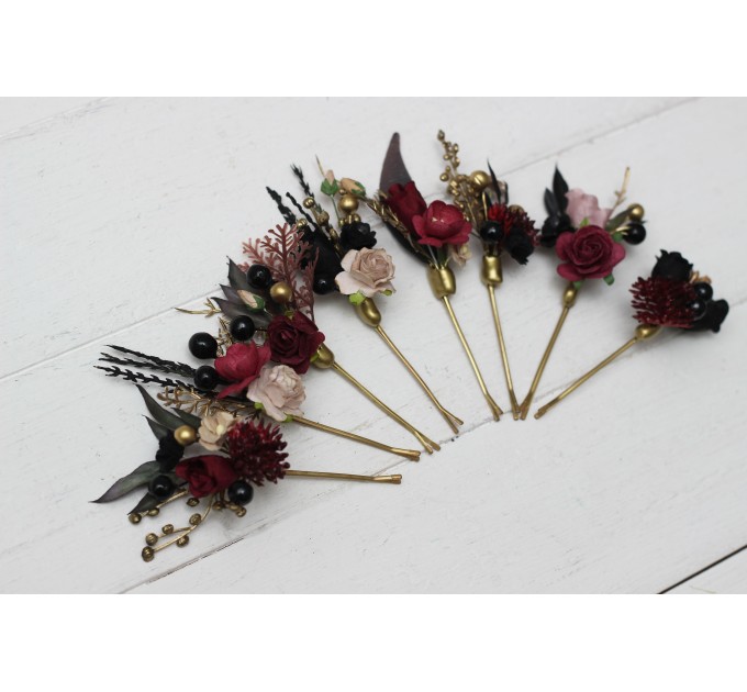 Set of 8 hair pins in Halloween color scheme. Hair accessories. Burgundy black gold beige flower accessories for wedding. 0018 EU UK