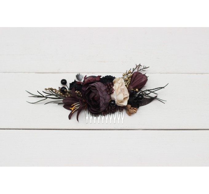 Halloween wedding. Deep purple black gold beige floral comb. Wedding accessories for hair. Bridal flower comb. Bridesmaid floral comb. BLACK EU UK