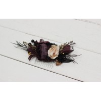 Halloween wedding. Deep purple black gold beige floral comb. Wedding accessories for hair. Bridal flower comb. Bridesmaid floral comb. BLACK EU UK