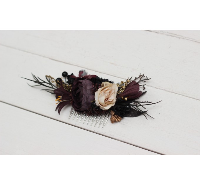 Halloween wedding. Deep purple black gold beige floral comb. Wedding accessories for hair. Bridal flower comb. Bridesmaid floral comb. BLACK EU UK