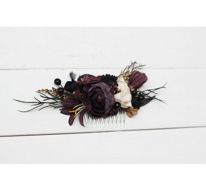 Halloween wedding. Deep purple black gold beige floral comb. Wedding accessories for hair. Bridal flower comb. Bridesmaid floral comb. BLACK EU UK