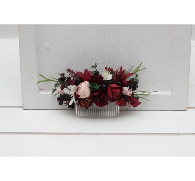 Flower comb in burgundy black green beige ivory  color scheme. Wedding accessories for hair. Bridal flower comb. Bridesmaid floral comb. 5279