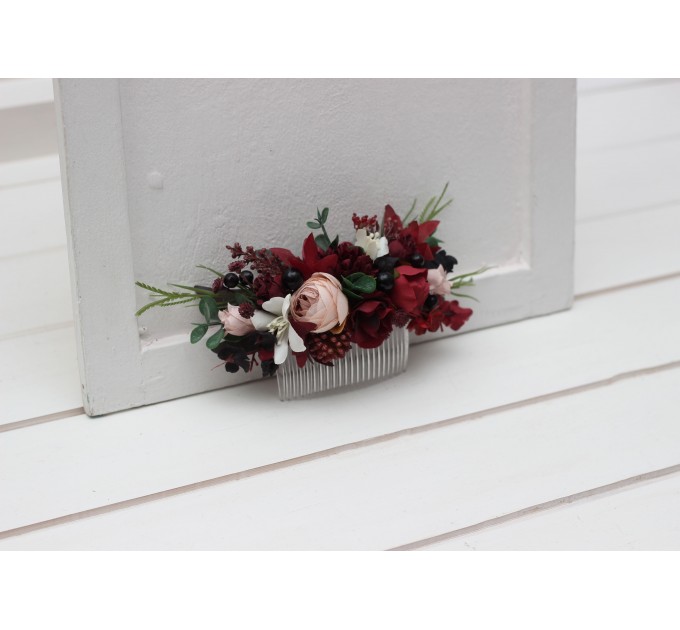 Flower comb in burgundy black green beige ivory  color scheme. Wedding accessories for hair. Bridal flower comb. Bridesmaid floral comb. 5279