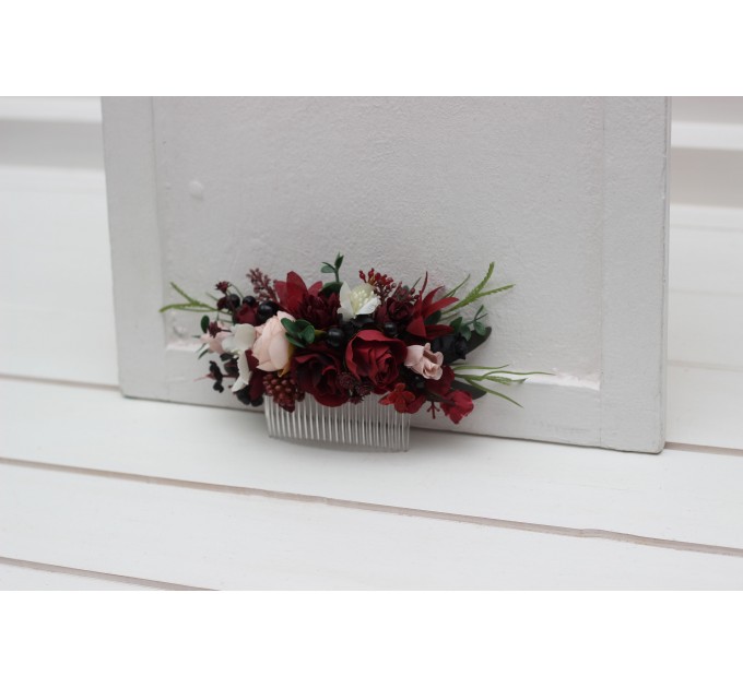 Flower comb in burgundy black green beige ivory  color scheme. Wedding accessories for hair. Bridal flower comb. Bridesmaid floral comb. 5279