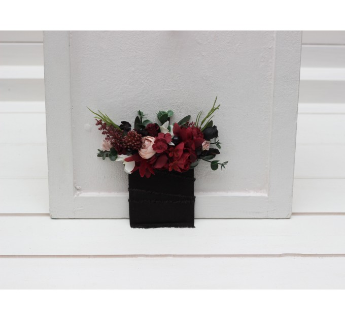 Pocket boutonniere in burgundy black green beige ivory color scheme. Flower accessories. Pocket flowers. Square flowers. 5279