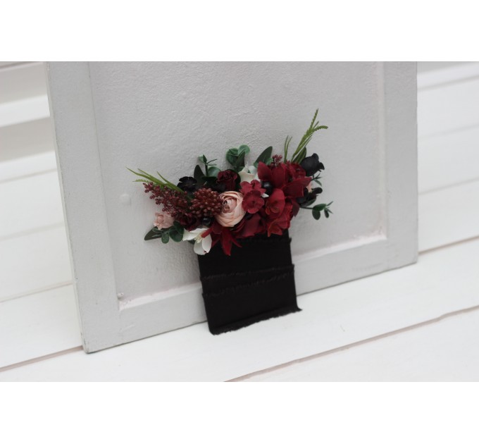 Pocket boutonniere in burgundy black green beige ivory color scheme. Flower accessories. Pocket flowers. Square flowers. 5279