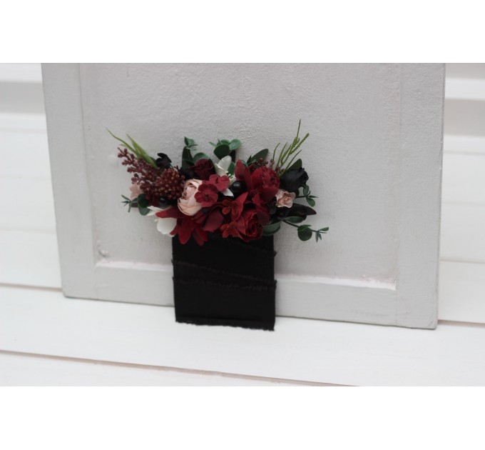 Pocket boutonniere in burgundy black green beige ivory color scheme. Flower accessories. Pocket flowers. Square flowers. 5279