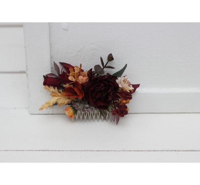 Flower comb in rust burgundy cinnamon color scheme. Wedding accessories for hair. Bridal flower comb. Bridesmaid floral comb. 0044  EU UK