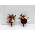 Wedding boutonnieres and wrist corsage in rust burgundy cinnamon color theme. Flower accessories. 0044 EU UK