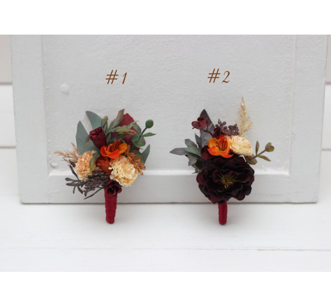  Wedding boutonnieres and wrist corsage  in rust burgundy cinnamon color theme. Flower accessories. 0044 EU UK