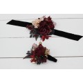  Wedding boutonnieres and wrist corsage  in Halloween color theme. Burgundy black gold beige  accessories. 0018 EU UK