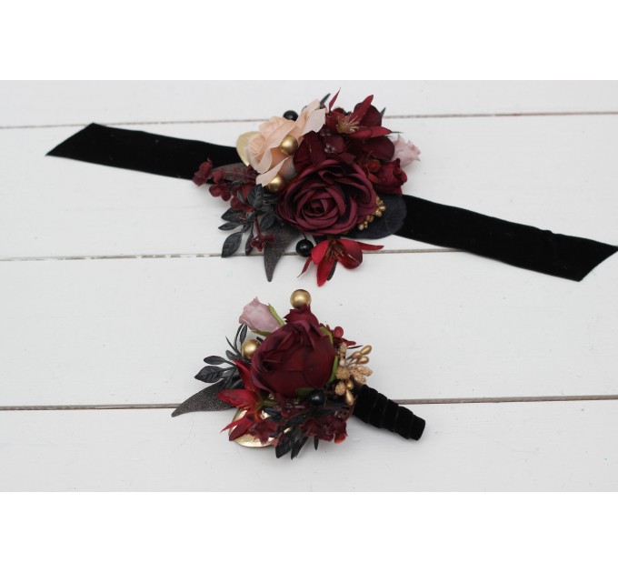  Wedding boutonnieres and wrist corsage  in Halloween color theme. Burgundy black gold beige  accessories. 0018 EU UK