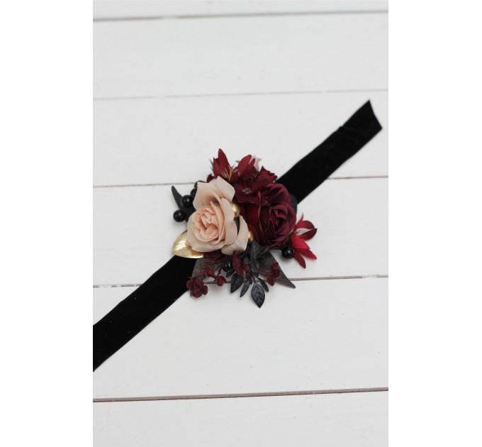  Wedding boutonnieres and wrist corsage  in Halloween color theme. Burgundy black gold beige  accessories. 0018 EU UK