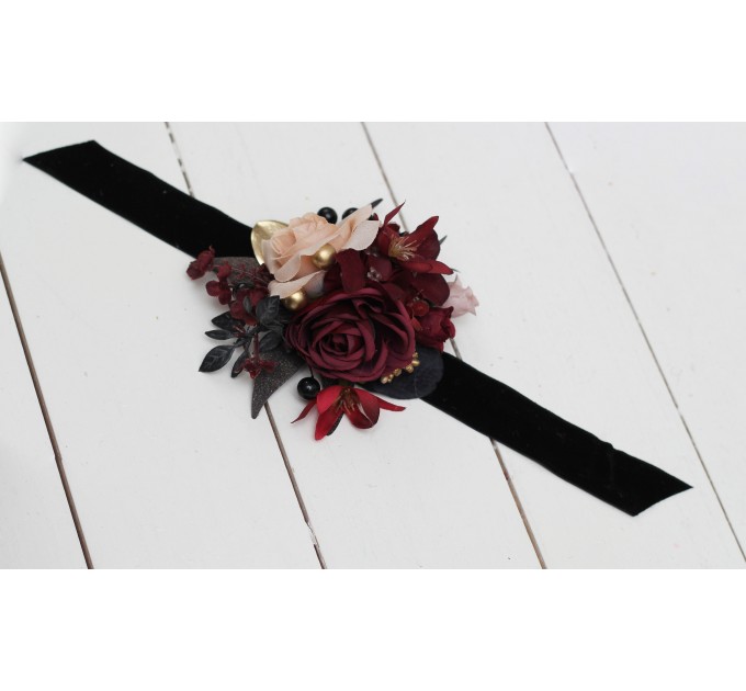  Wedding boutonnieres and wrist corsage  in Halloween color theme. Burgundy black gold beige  accessories. 0018 EU UK