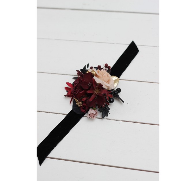  Wedding boutonnieres and wrist corsage  in Halloween color theme. Burgundy black gold beige  accessories. 0018 EU UK